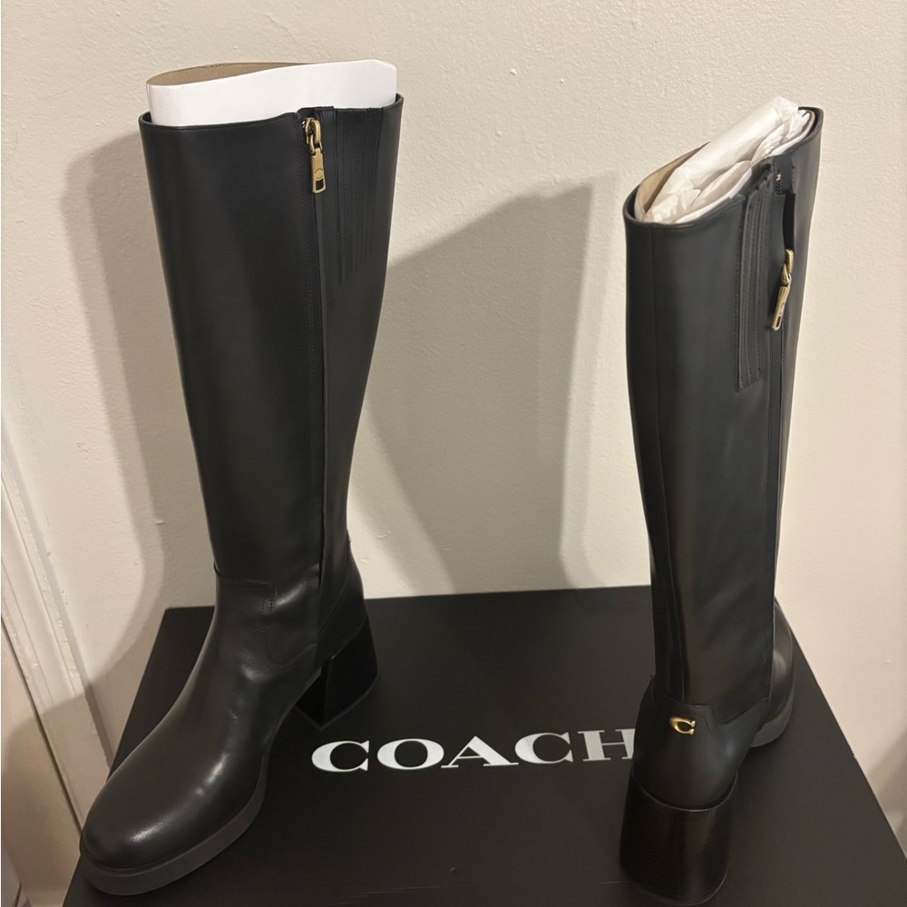 COACH Black Heeled Boots with Chunky Block Heel - Picture 3 of 8